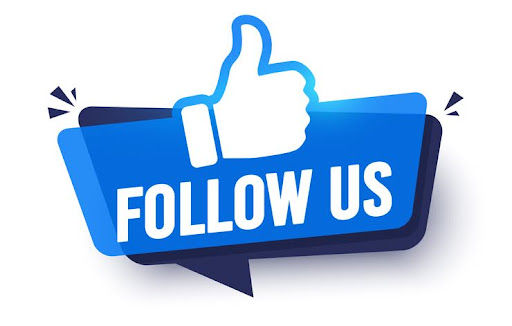 Blue speaking bubble with a thumbs up and and the words Follow Us in white.