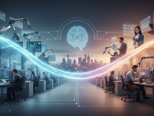 Professionnels travaillant sur ordinateur avec interface d’intelligence artificielle, illustrant Les métiers qui vont disparaître avec l'intelligence artificielle, transformation digitale et avenir du travail.
