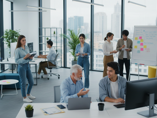 Manager échangeant avec une équipe multigénérationnelle en environnement digital, illustrant Comment manager les nouvelles générations : Guide complet pour les managers d'aujourd'hui, leadership collaboratif et engagement.