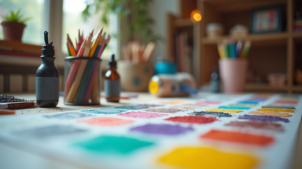 Eye-level view of colourful art supplies arranged neatly on a table
