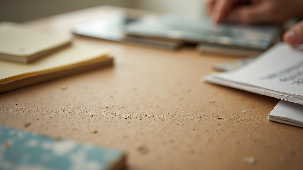 Eye-level view of textured collage board with various materials