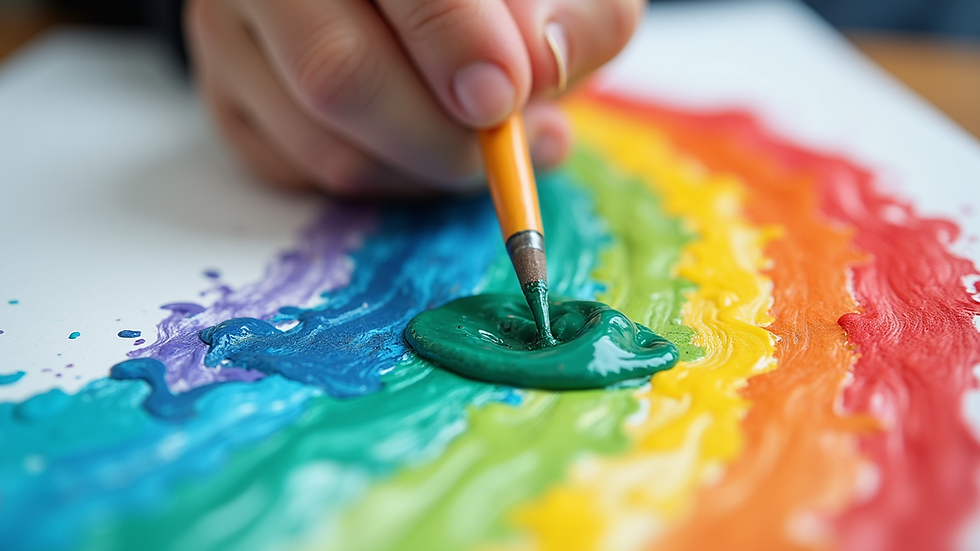 Close-up view of colorful finger paint on paper