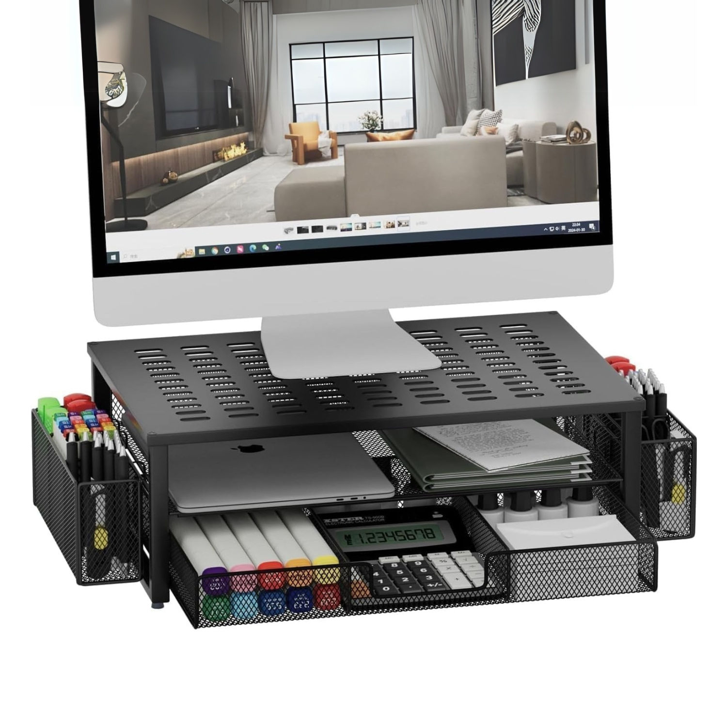 Soporte para monitor/laptop 2 niveles, con gaveta almacenamiento para bolígrafos