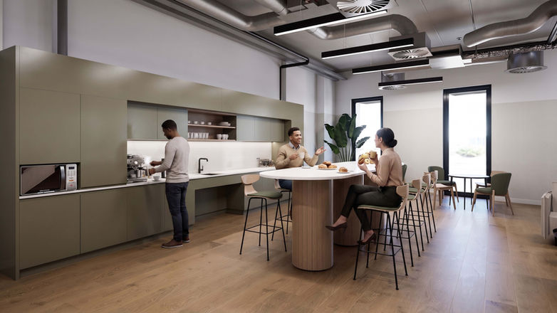 Interior CGI render of breakout kitchen and dining area at Versa, 4 Brandon Road, Kadans Science Partner — HBC Visual