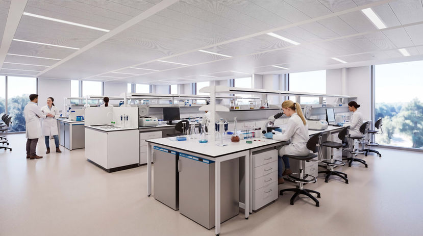 Interior CGI render of open plan life science laboratory at Kadans Merlin Place with research benches, microscopes and floor-to-ceiling windows — HBC Visual