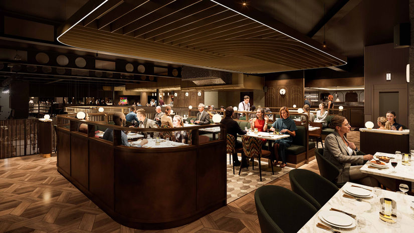 Interior CGI render of The Addison dining booths at Olympia London with curved timber partitions — HBC Visual