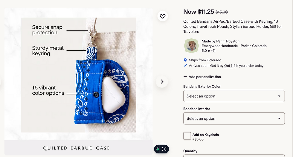 Blue quilted bandana case by Emerywood Handmade, shown holding an AirPod charging case with a credit card tucked into the outer pocket.