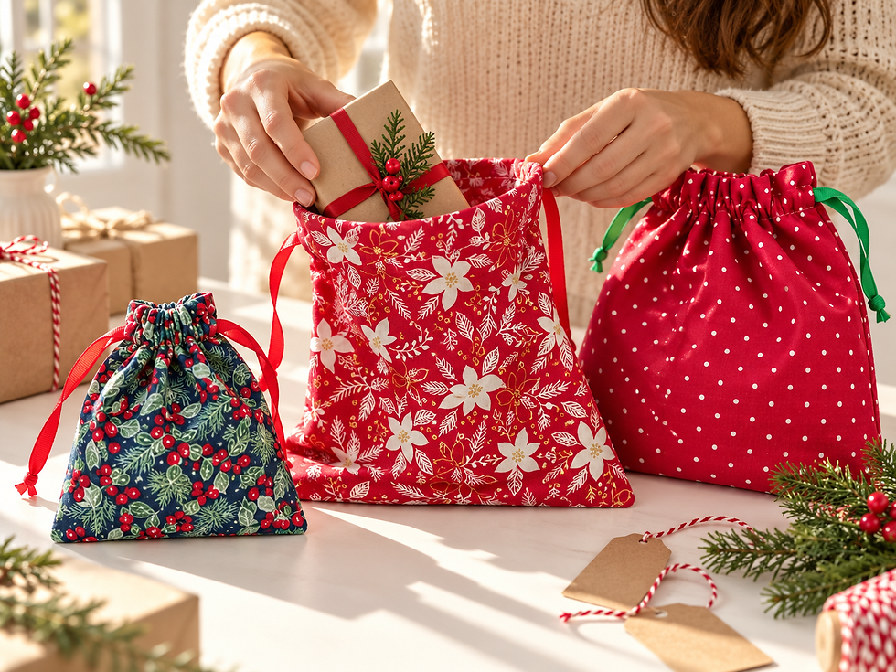 Three reusable Christmas drawstring gift bags on a wooden console beside books and festive greenery. Red polka dot, red floral, and blue holly bags display the three sizes available in the Sew Chill gift bag sewing pattern.