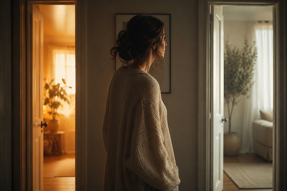 a woman standing between two softly lit doorways, paused in contemplation, symbolic of emotional choice and self-discovery, warm natural light, cinematic atmosphere, elegant and sophisticated, emotional depth representing returning to oneself rather than chasing another person.