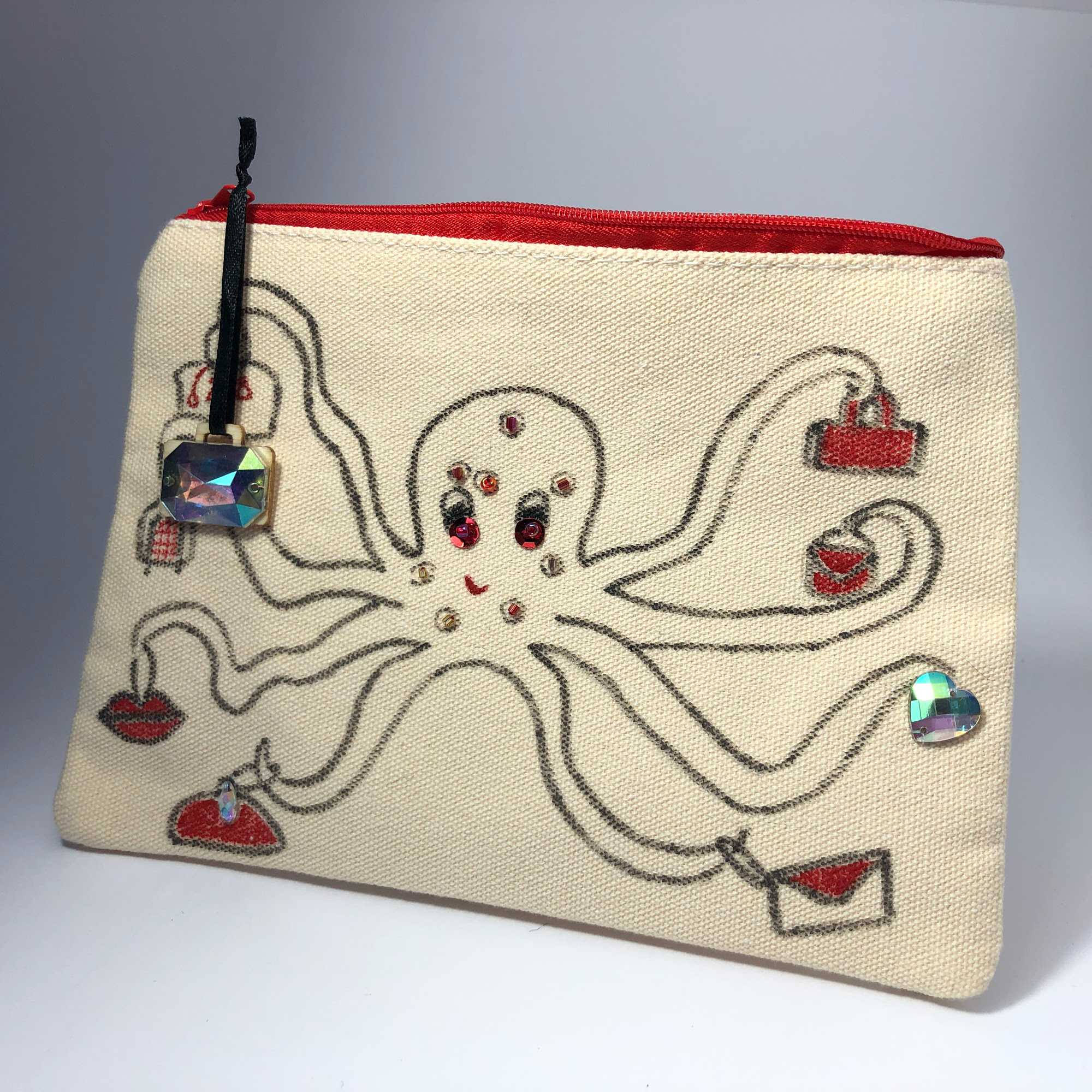Be More Octavia, hand drawn and hand embellished small zipped bag