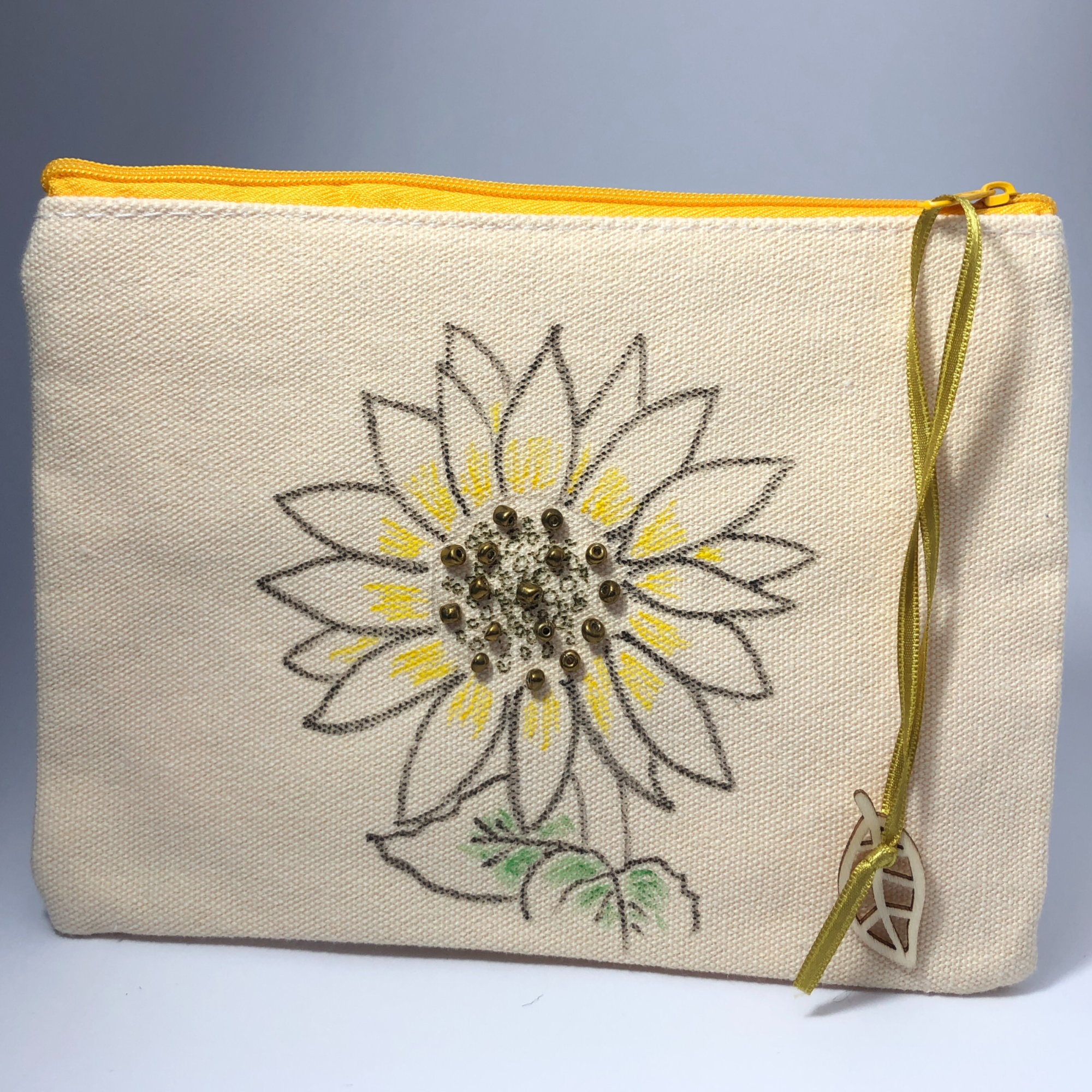 Be More Sunflower, hand drawn and hand embellished small zipped bag