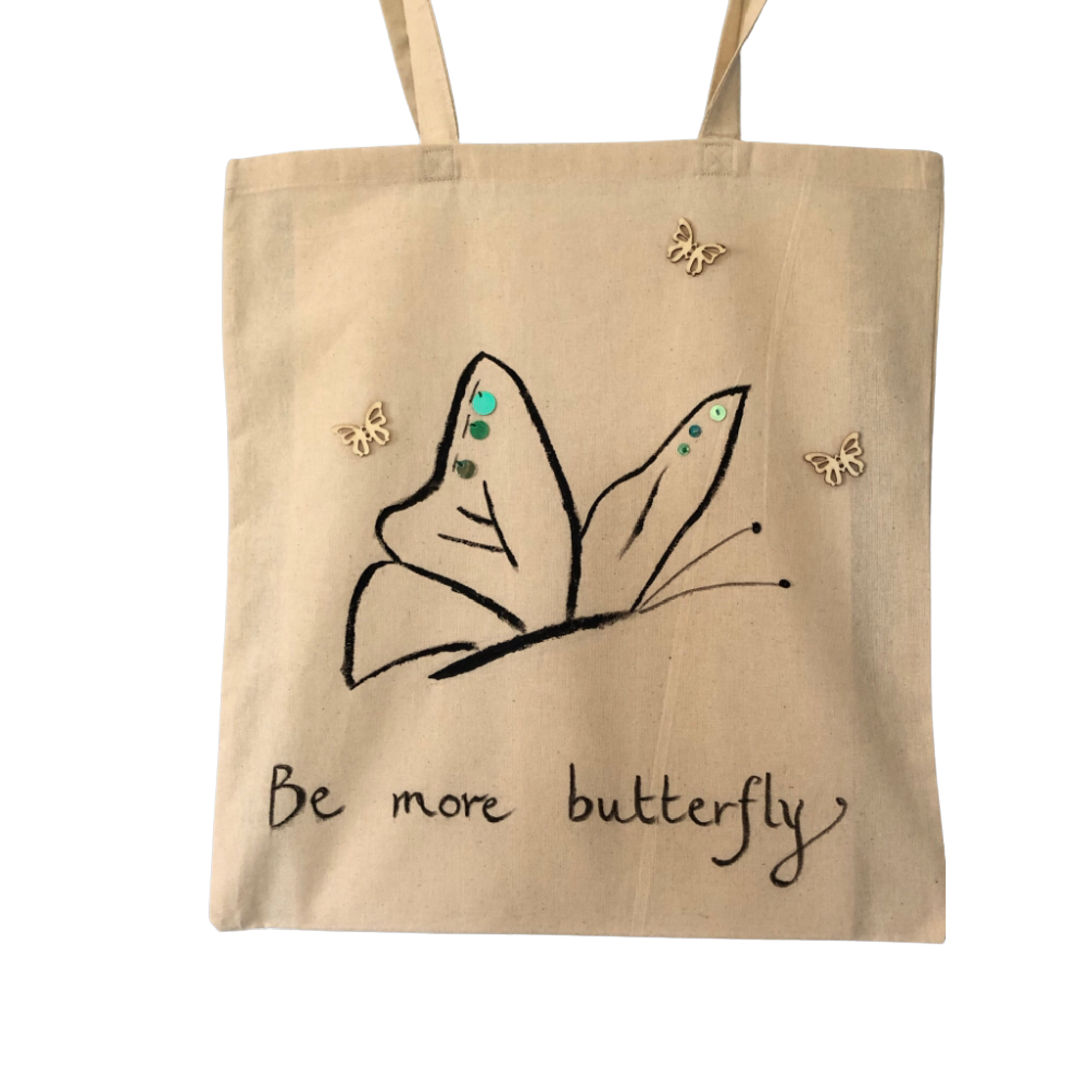 Be More Butterfly, hand drawn and hand embellished tote bag