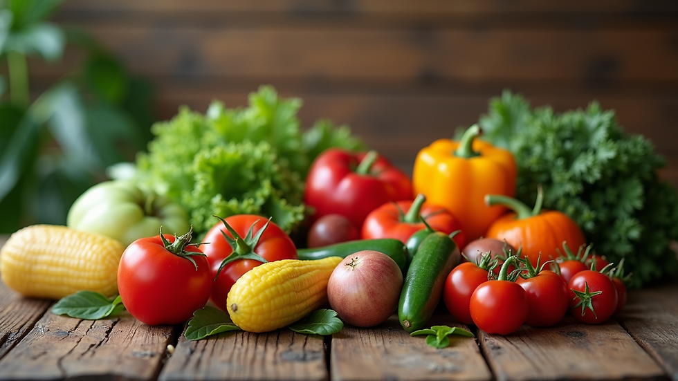 Eye-level view of fresh vegetables and fruits arranged on a wooden table