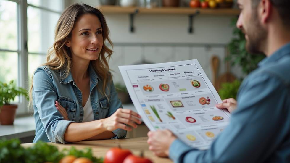 Close-up view of a nutritionist explaining a healthy meal plan to a client