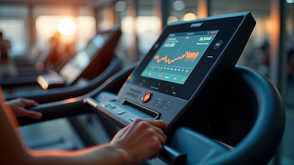 Close-up view of a smart treadmill display showing workout stats