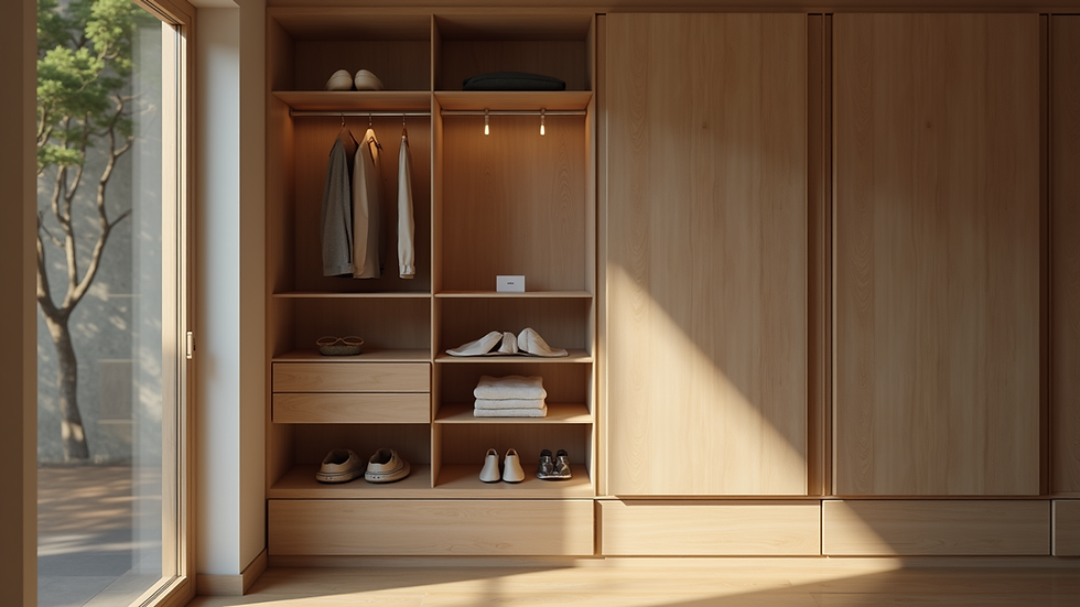 Close-up view of a customized wardrobe with sliding doors and organized compartments