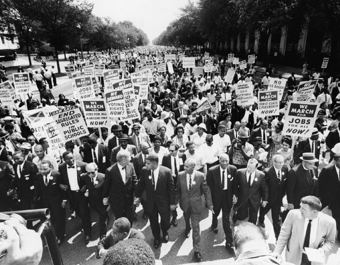Civil Rights leaders lead the March on Washington for Jobs and Freedom on August 28, 1963 in Washington, D.C. Photo: Express Newspapers/Getty Images