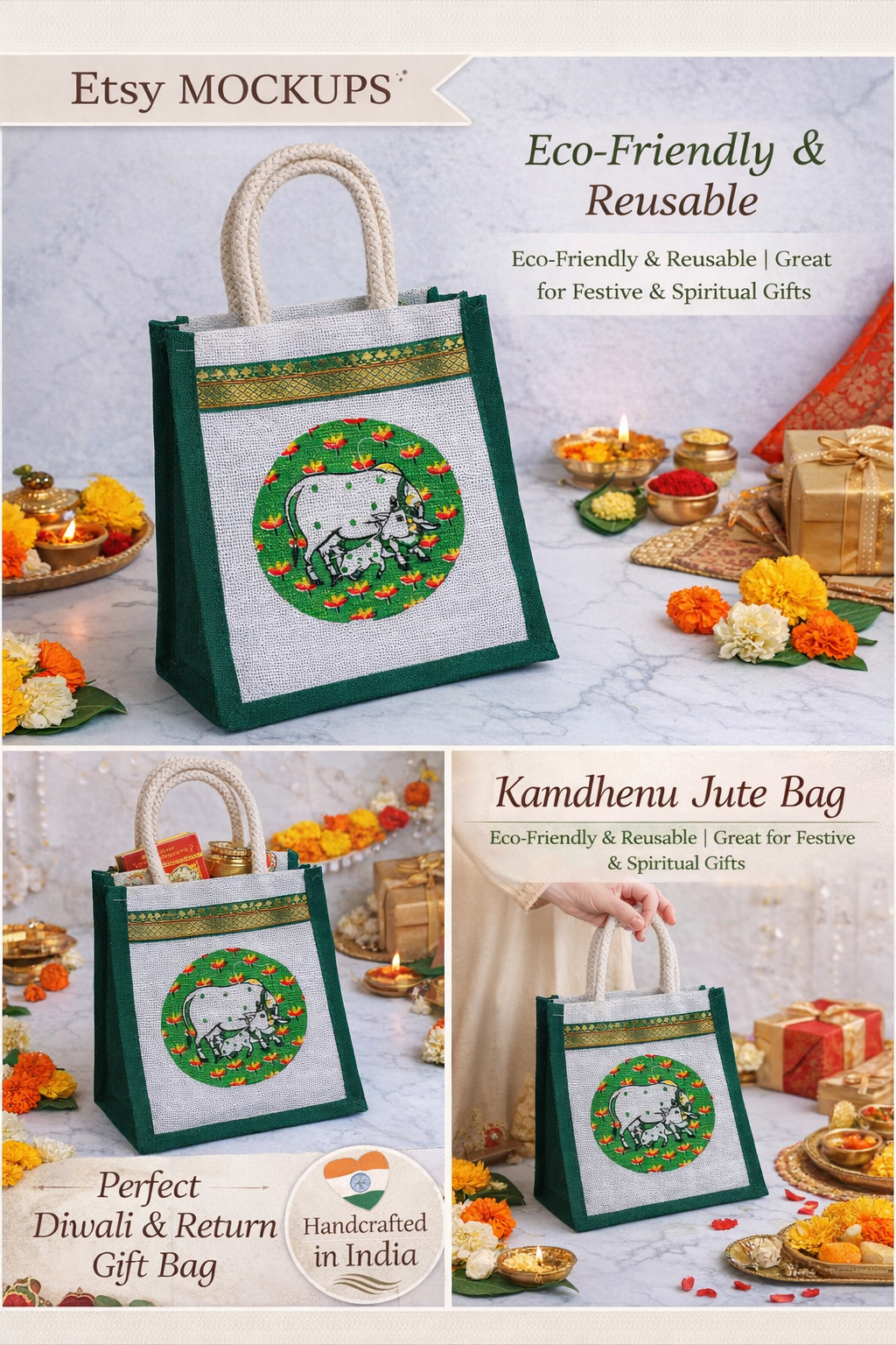Kamdhenu Jute Bag | Eco-Friendly Indian Gift Bag | Sacred Cow Motif | Reusable