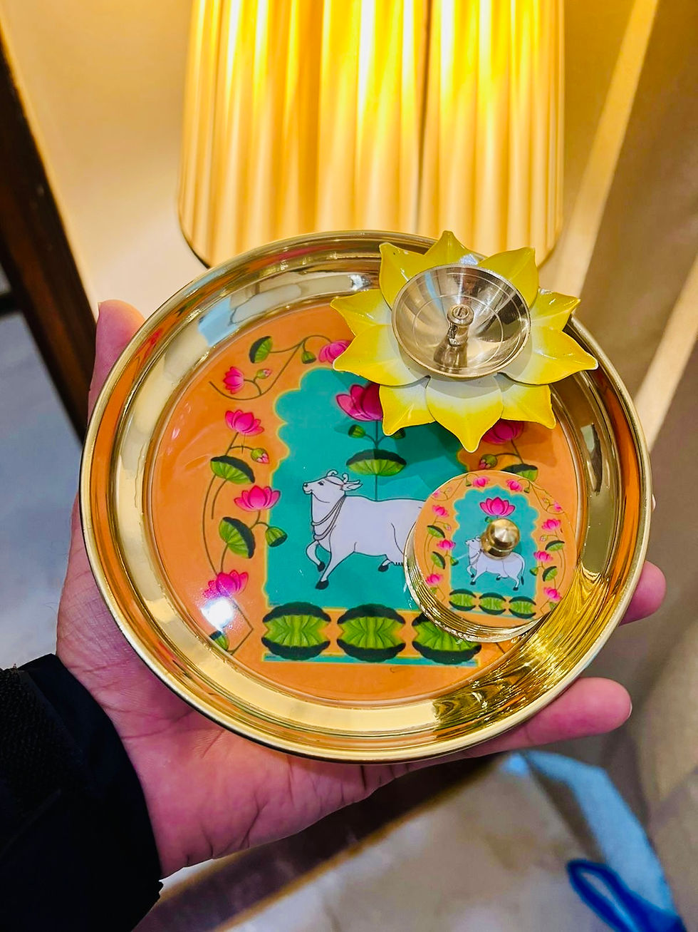 Thumbnail: 6 Inch Pichwai Brass Pooja Thali Set with Diya & Kumkum Dibbi | Cow Motif Brass