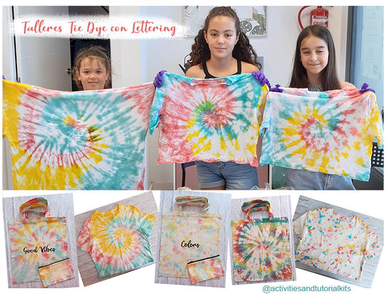 Cartel con fotografías de los talleres de camisetas y tote bags Tie Dye de Activities and Tutorial Kits.