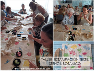 Personas jóvenes y mayores en residencia realizando un taller de estampación textil botánica
