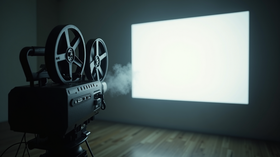 Eye-level view of a film projector casting light onto a blank screen