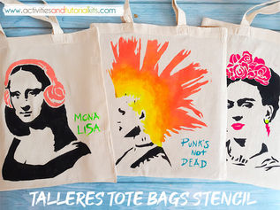 Bolsas de tela estampadas con dibujos de estilo graffiti hechos con una plantilla. Chica punk, Mona Lisa con auriculares y Frida Kahlo.
