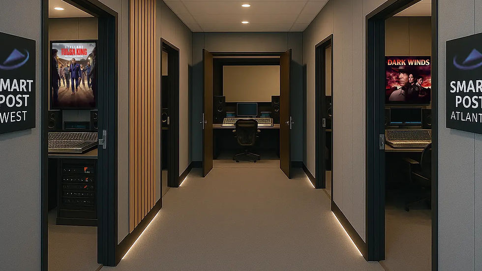 4 doors at Smart Post Sound leading into different spaces to monitor and review mixes