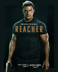 Poster for the Amazon Original series Reacher, featuring the muscular title character Jack Reacher in a dark shirt holding a handgun, set against a gritty black backdrop. Audio post services by Smart Post Sound.