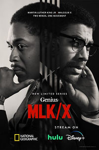 Black and white promotional poster for Genius: MLK/X featuring split portraits of Martin Luther King Jr. and Malcolm X, representing dual perspectives of the civil rights movement. Audio post-production work by Smart Post Sound.