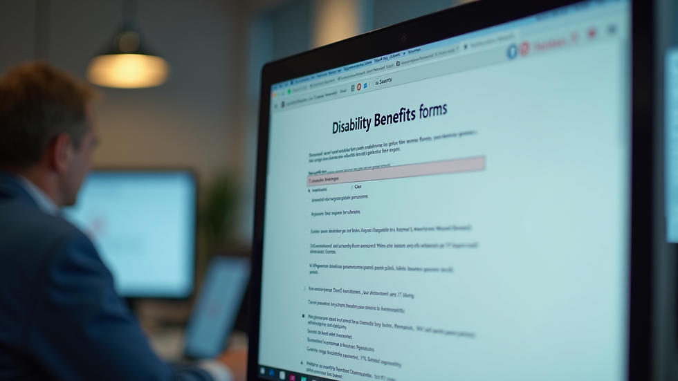 Close-up view of a computer screen displaying a disability benefits application form