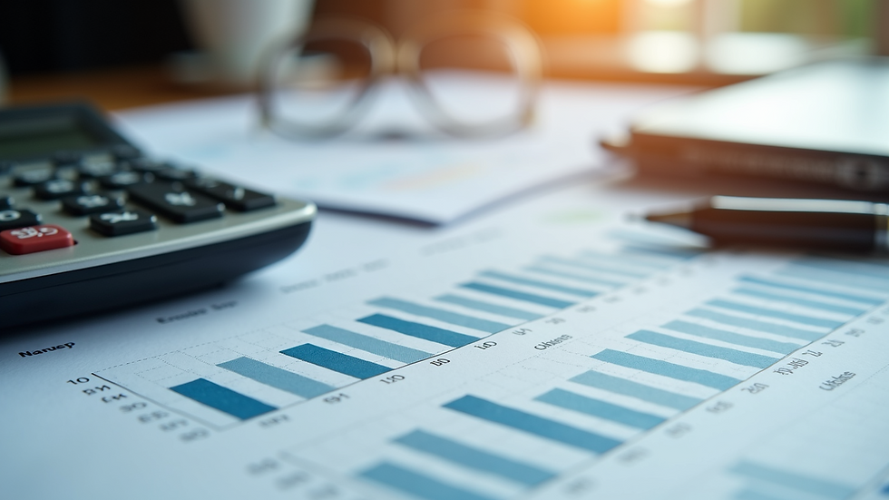 Close-up view of financial documents and calculator on a desk