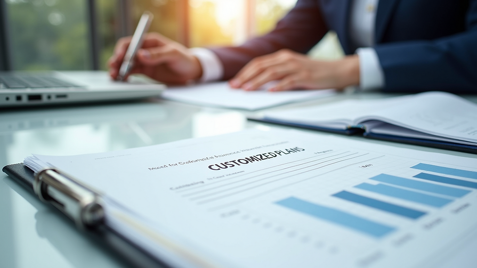 Close-up view of documents on an insurance agent's desk highlighting customized plans