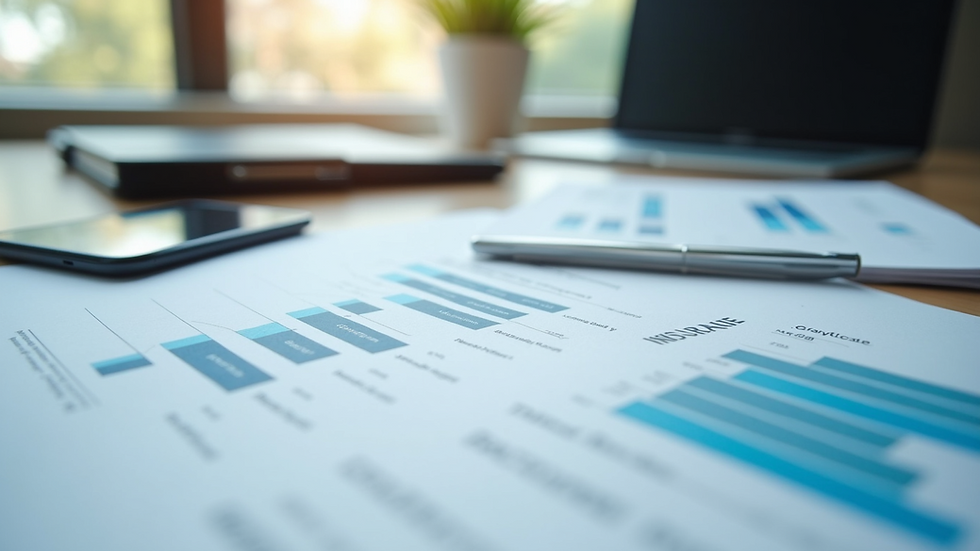 Close-up view of financial charts and insurance documents on a desk