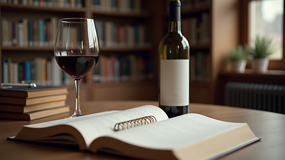 eye-level view of a study desk with wine books and notes