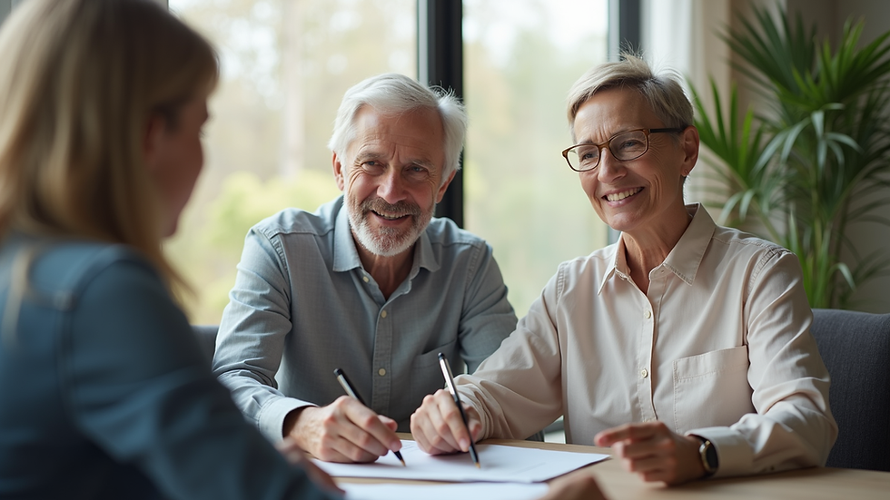 Close-up view of a sales consultant discussing retirement living options with a client