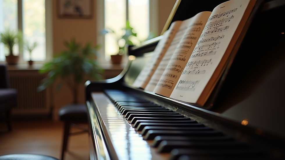 Eye-level view of a music practice room with a piano and sheet music