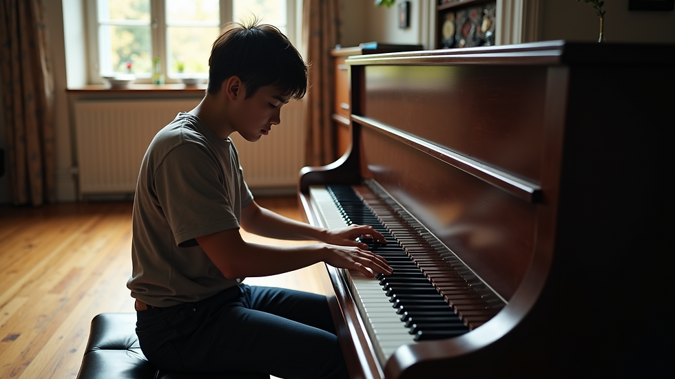 High angle view of a music teacher guiding a student at the piano