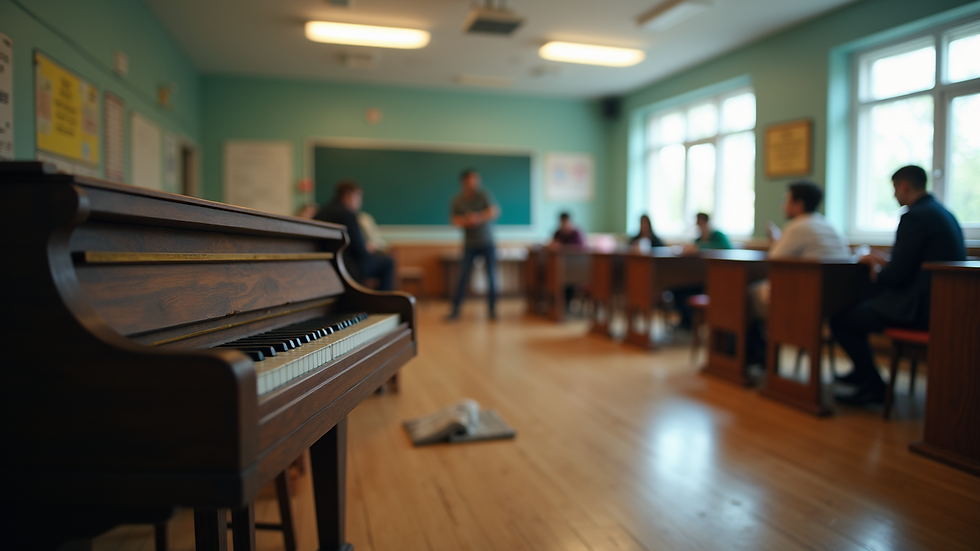 High angle view of a music classroom with various instruments