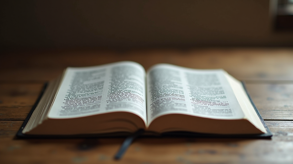 Eye-level view of a Bible and journal on a wooden table