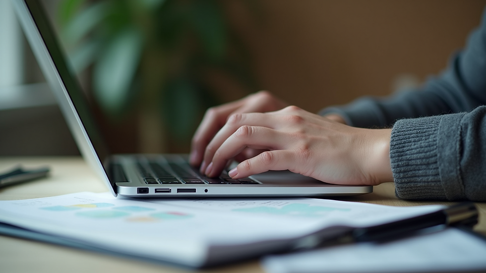 Close-up view of a person typing on a laptop with MBA course materials