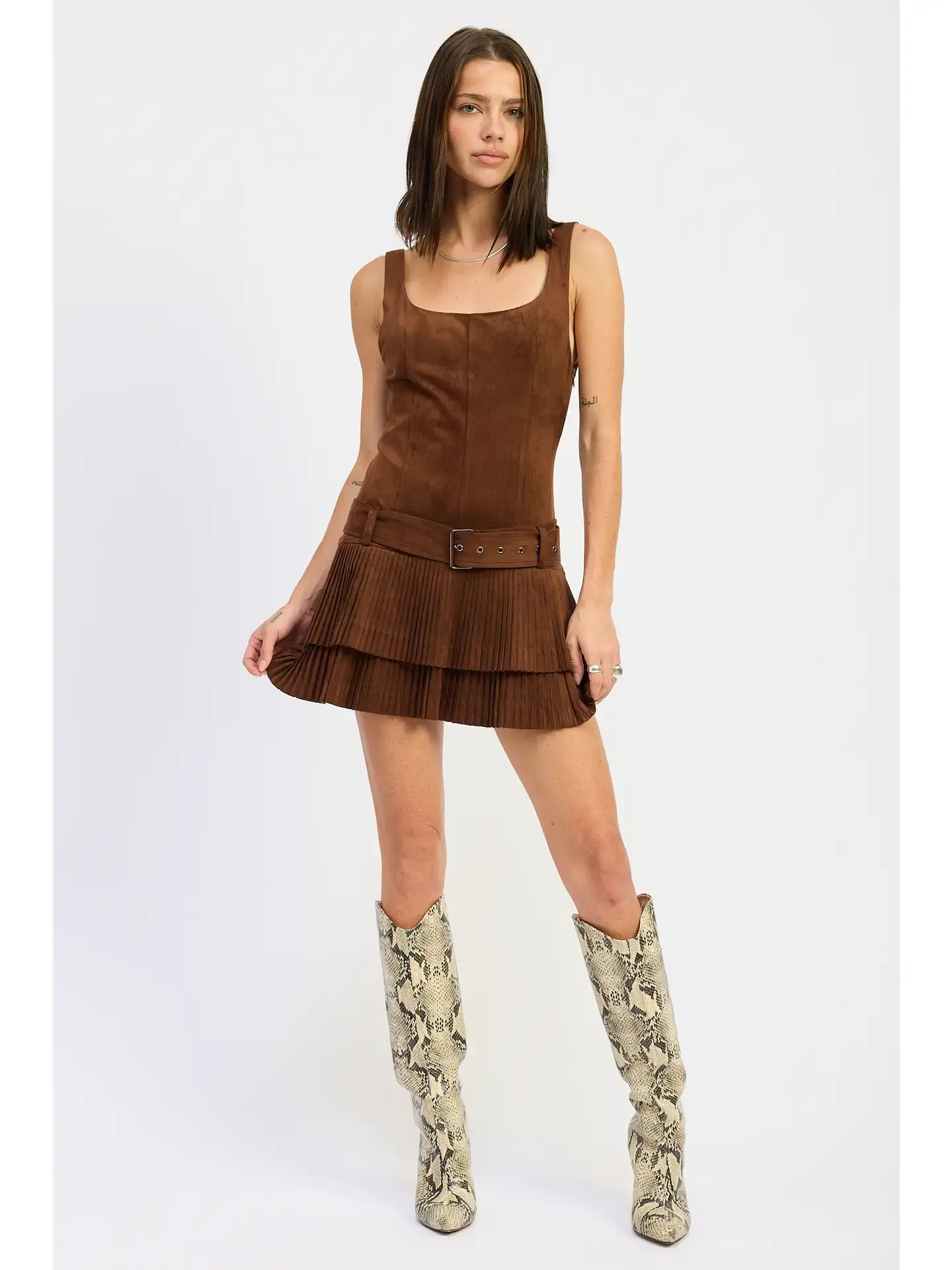 Belted Suede Pleat Mini Dress
