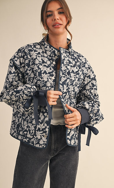Floral Quilted Jacket with Ribbon Detail