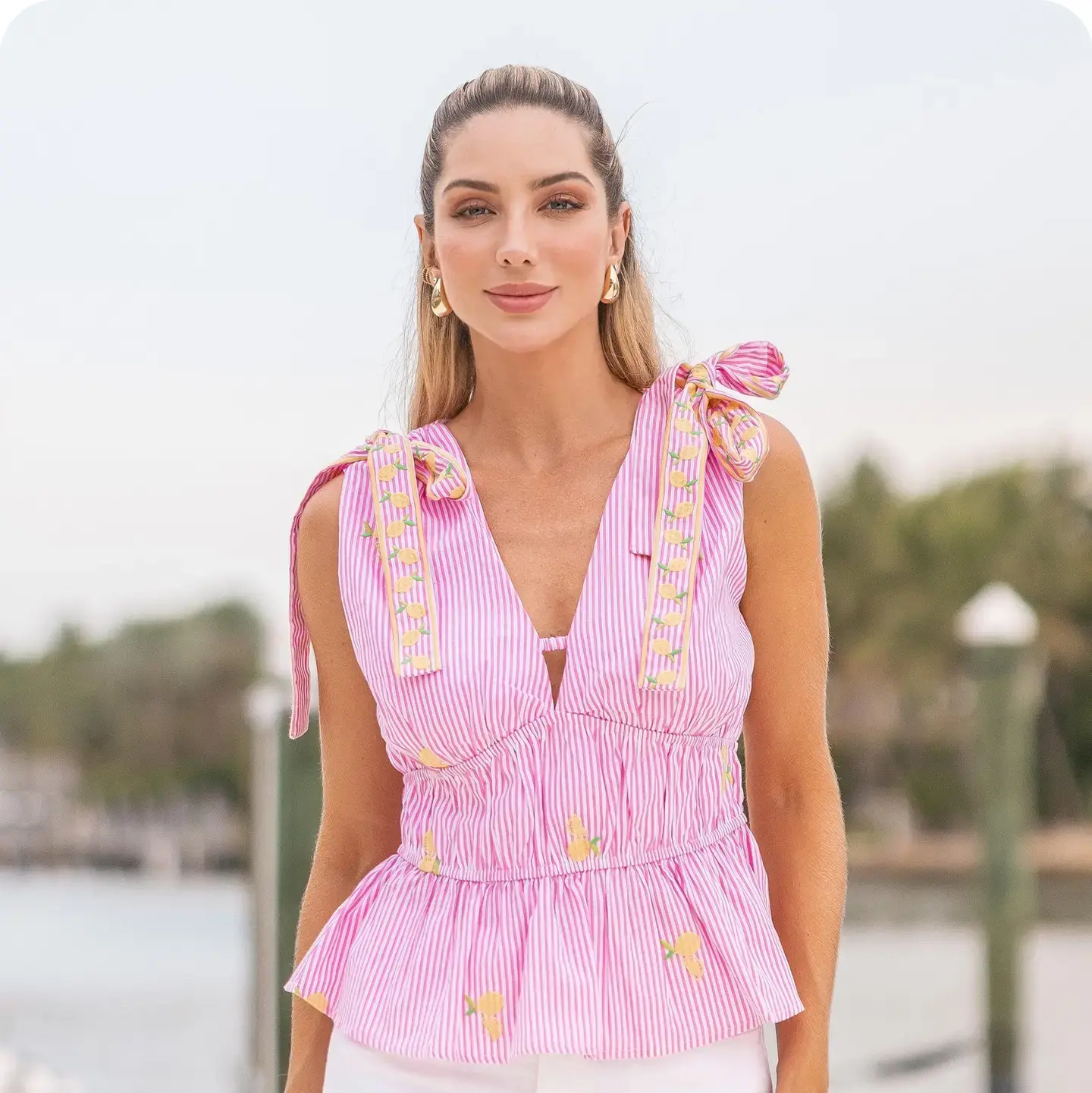 Lemon Embroidery Bow Strap Detail Stripe Top