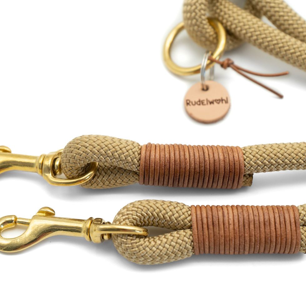 Thumbnail: Nahansicht Leine aus Kletterseil in Beige-Gold mit Lederakzenten in Cognac