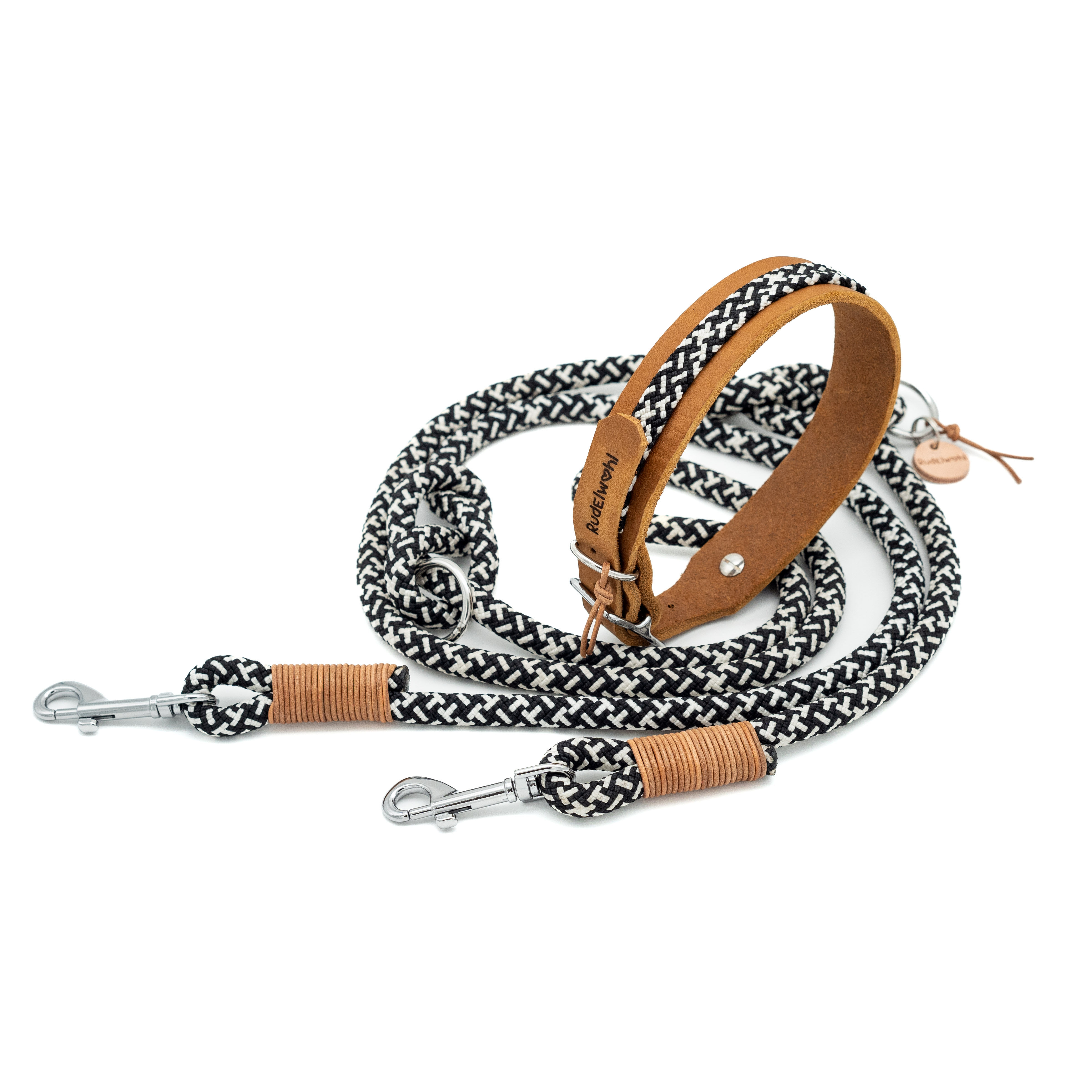 Halsband und Leine aus Kletterseil in Schwarz/Weiß mit Leder in Cognac