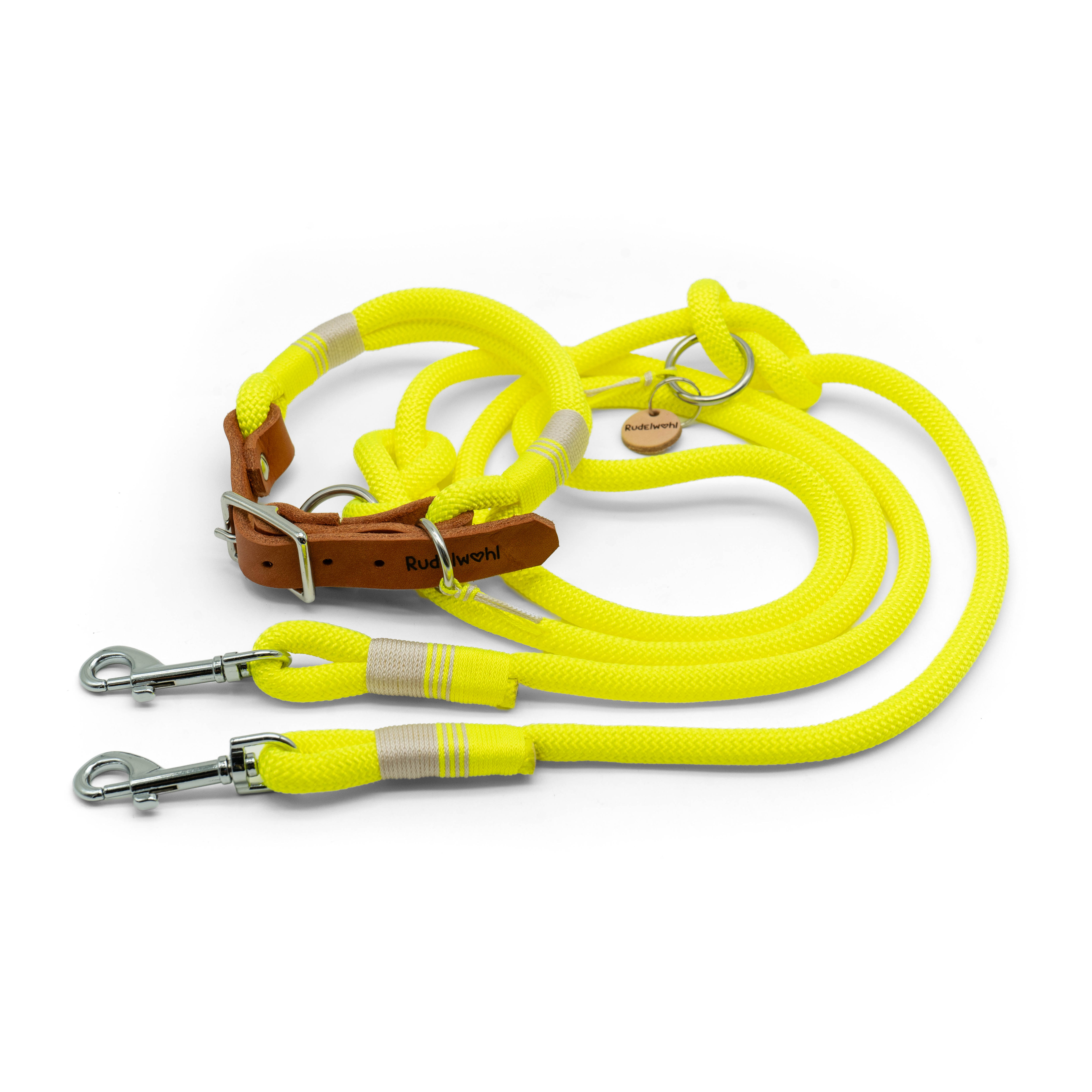 Handgefertigtes Hundehalsband und Hundeleine Set aus neongelbem Tauwerk mit Leder-Details