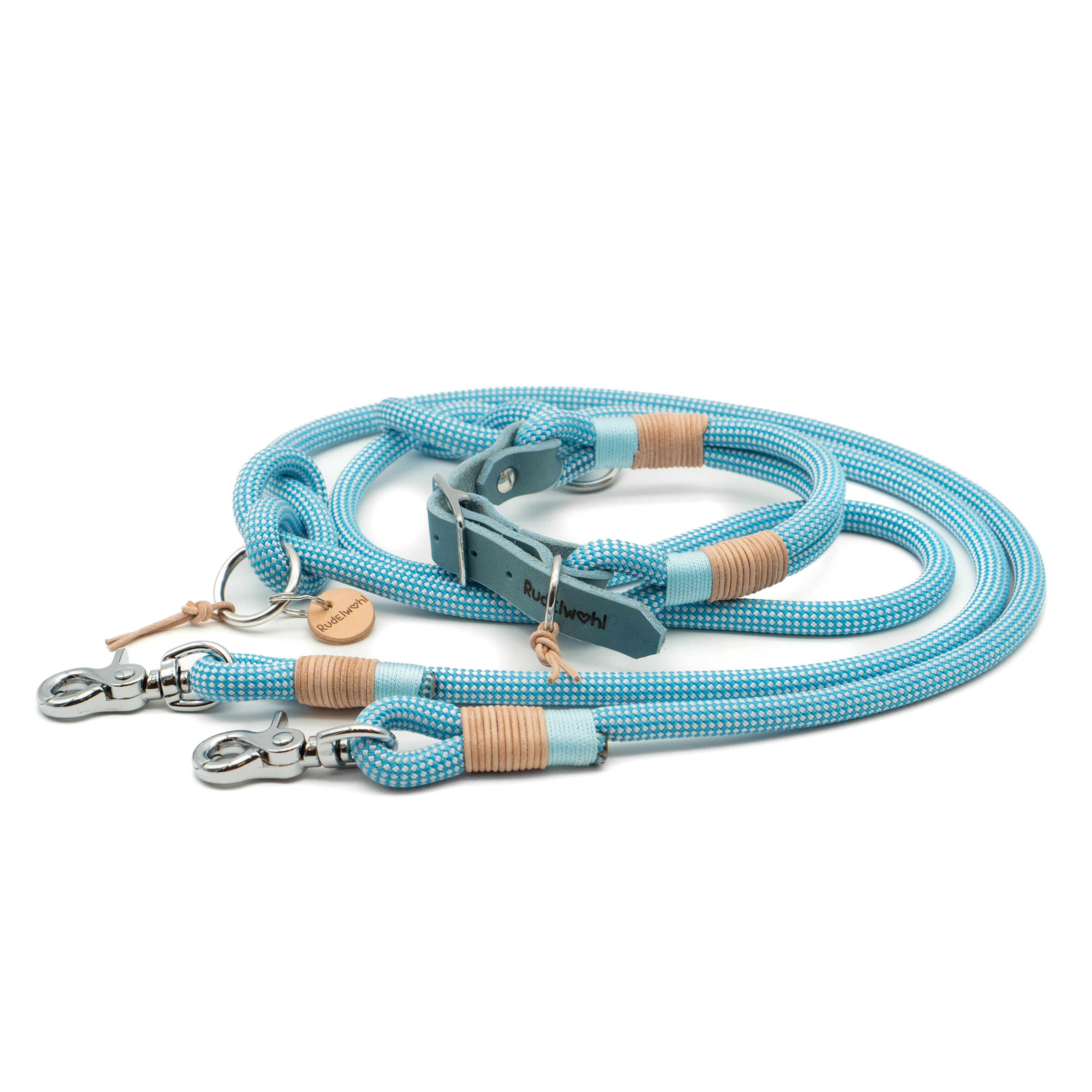 Halsband und Leine aus blauem Kletterseil kombiniert mit Leder in Hellblau