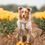 Miniaturbild: Australian Shepherd  im Blumenfeld mit Leine und Halsband in Grün