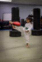 Young martial art student practicing kicks on a training bag